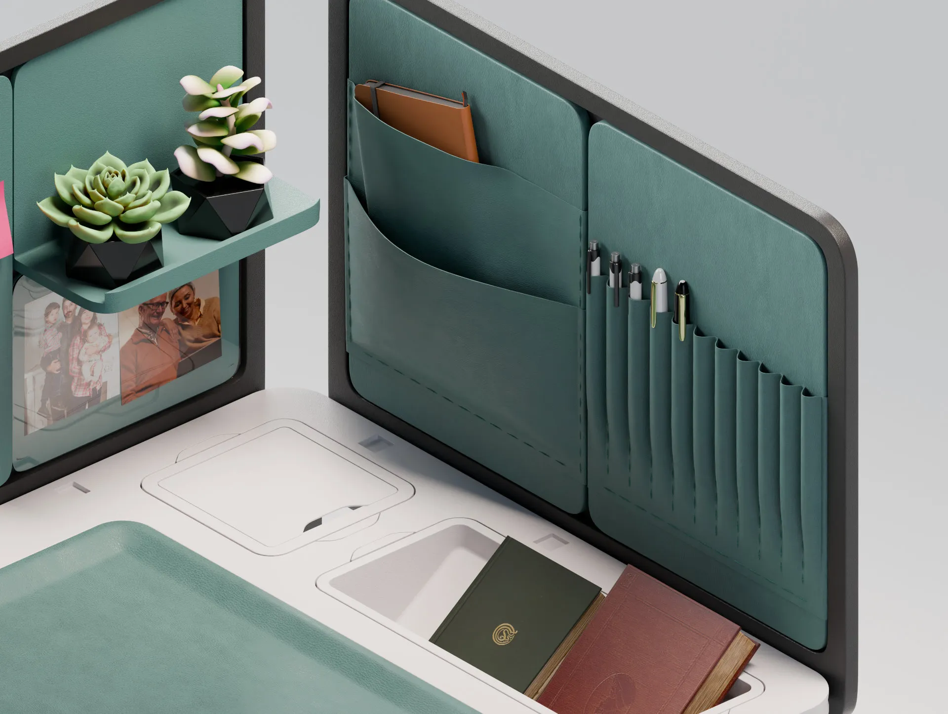 Academia desk, whiteboard and document sleeves on the left panel