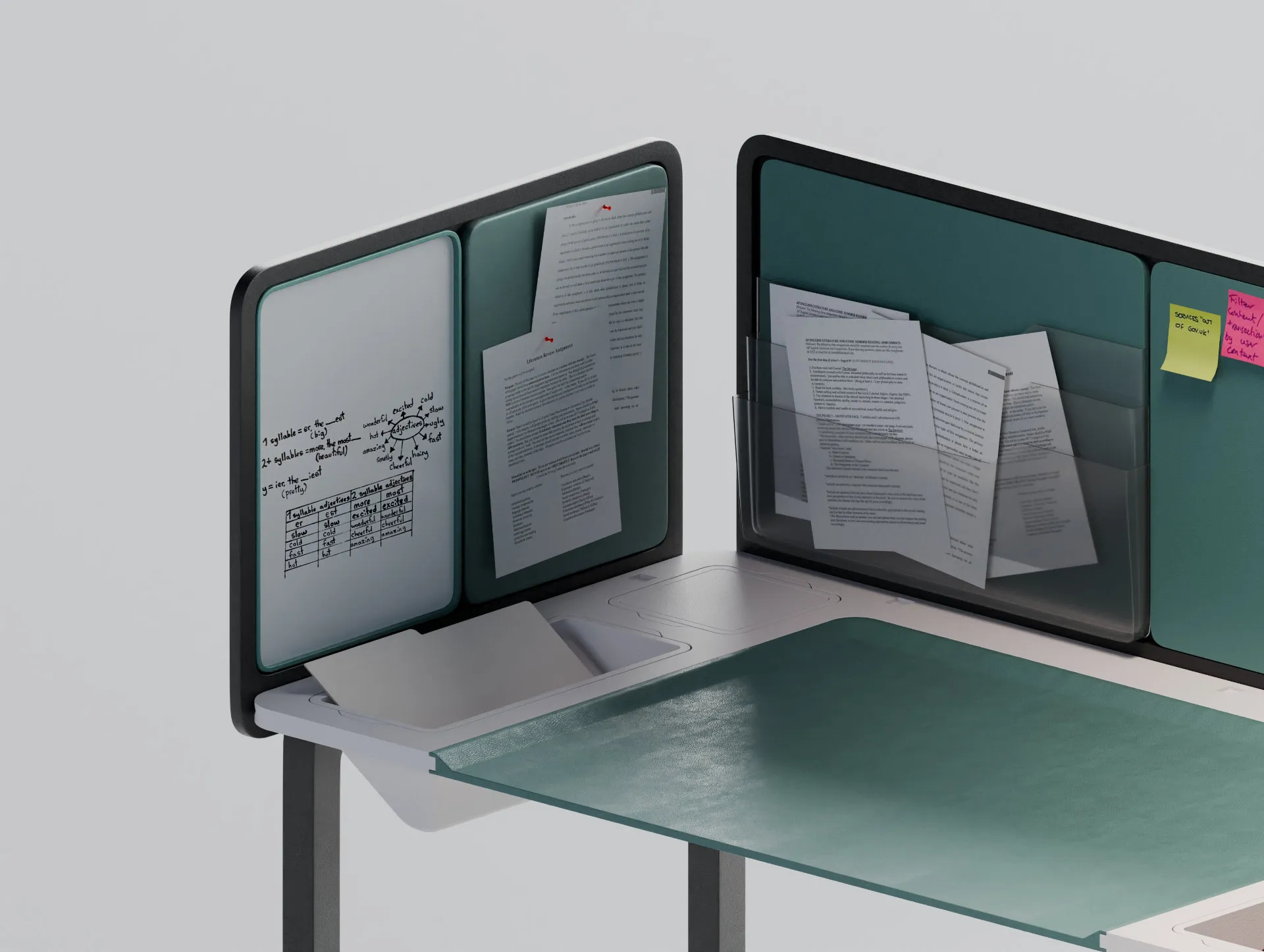 Academia desk close-up, whiteboard and paper sleeves