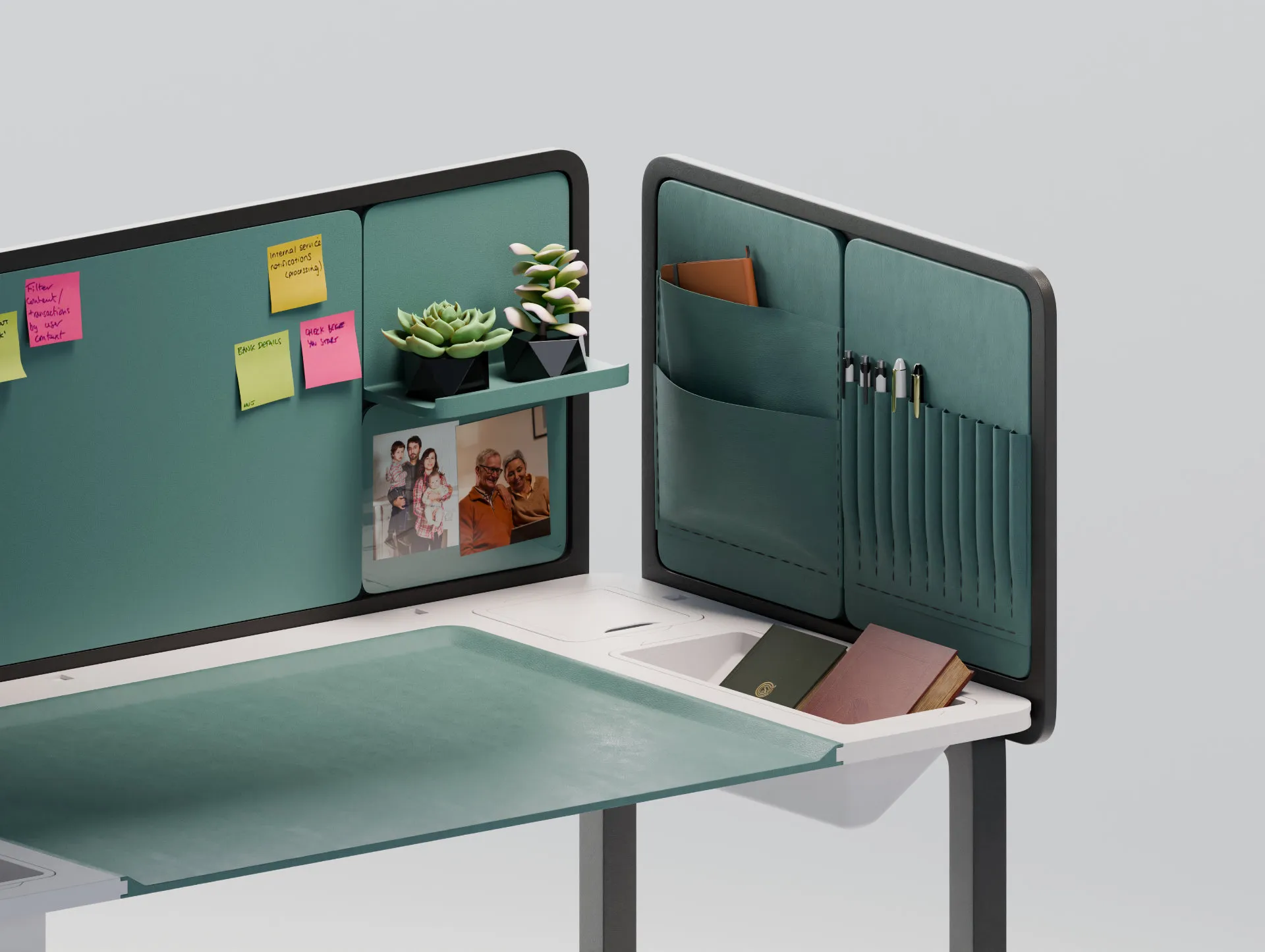 Academia desk close-up, plant shelf and pen pockets