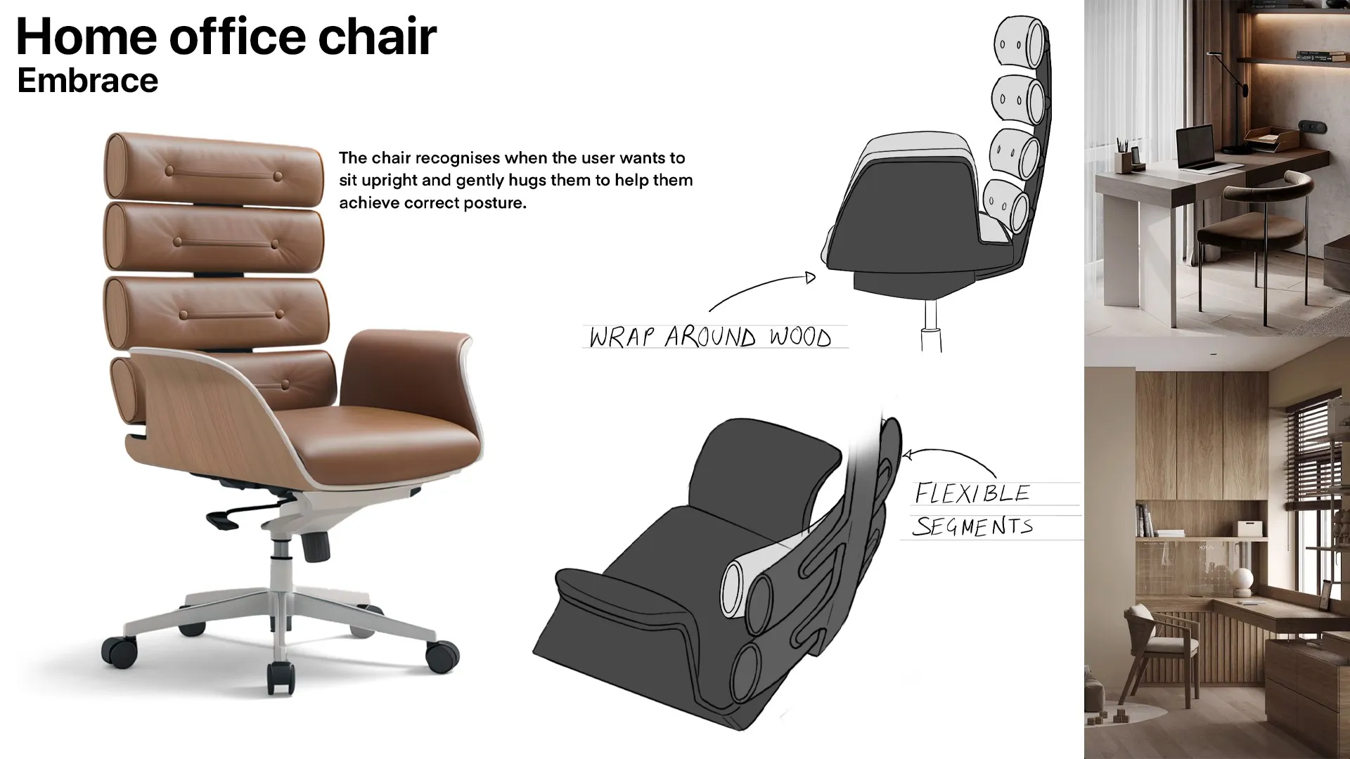 Concept board, home office chair: embrace, wrap-around wood and flexible segments