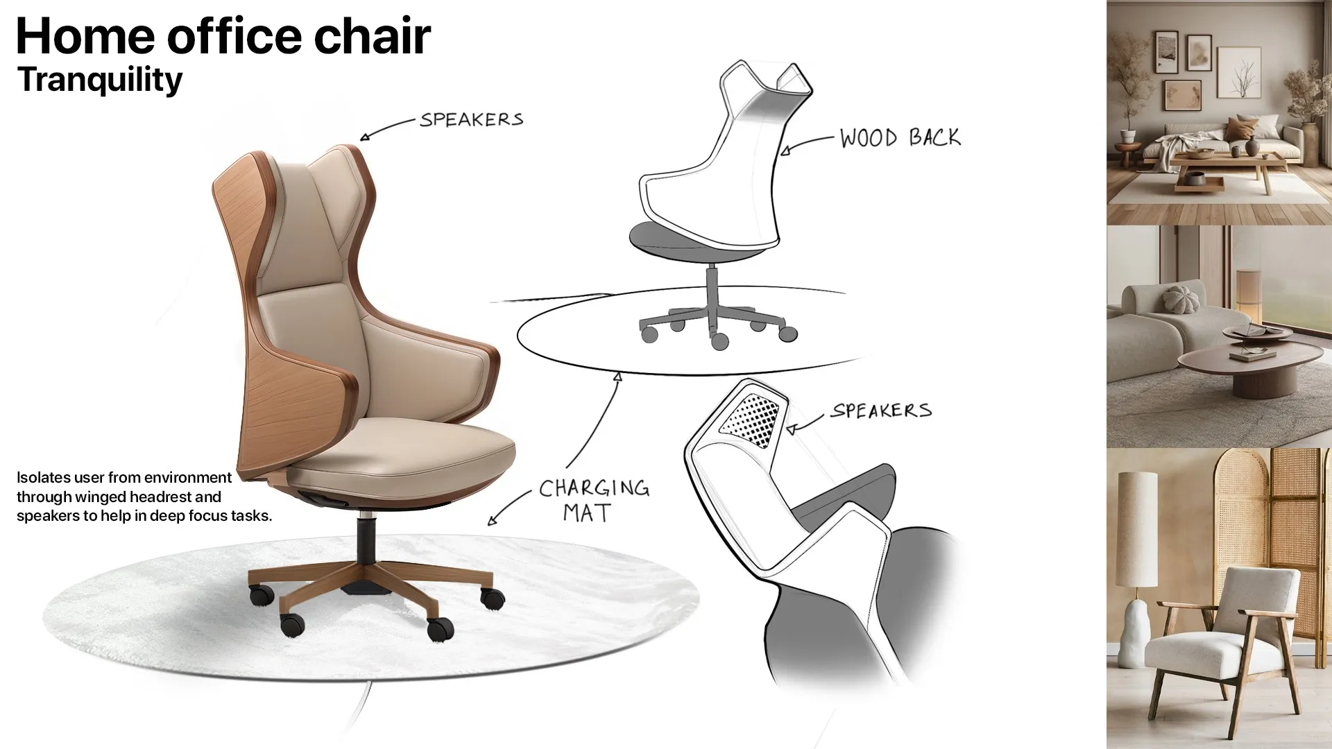 Concept board, home office chair: tranquility, wood back with speakers and charging mat