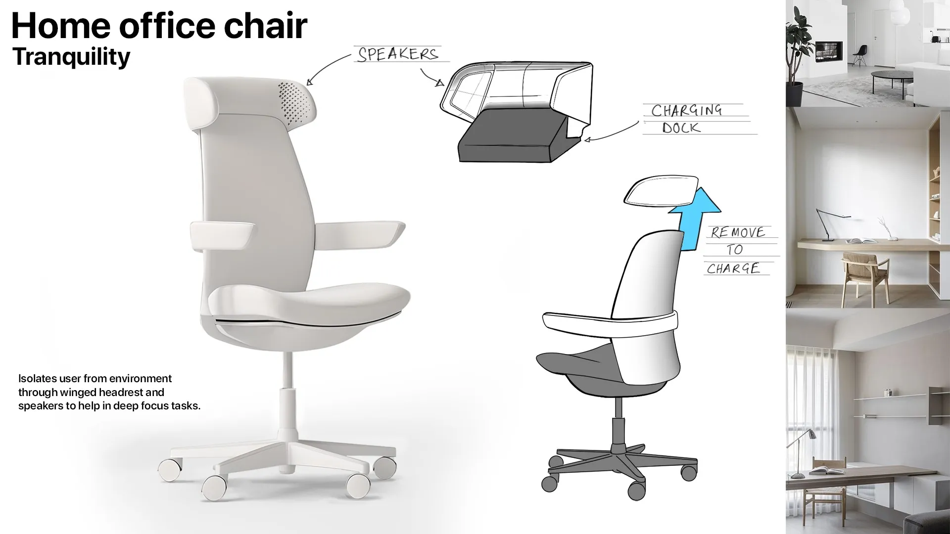 Concept board, home office chair: tranquility, winged headrest with speakers and removable charging dock