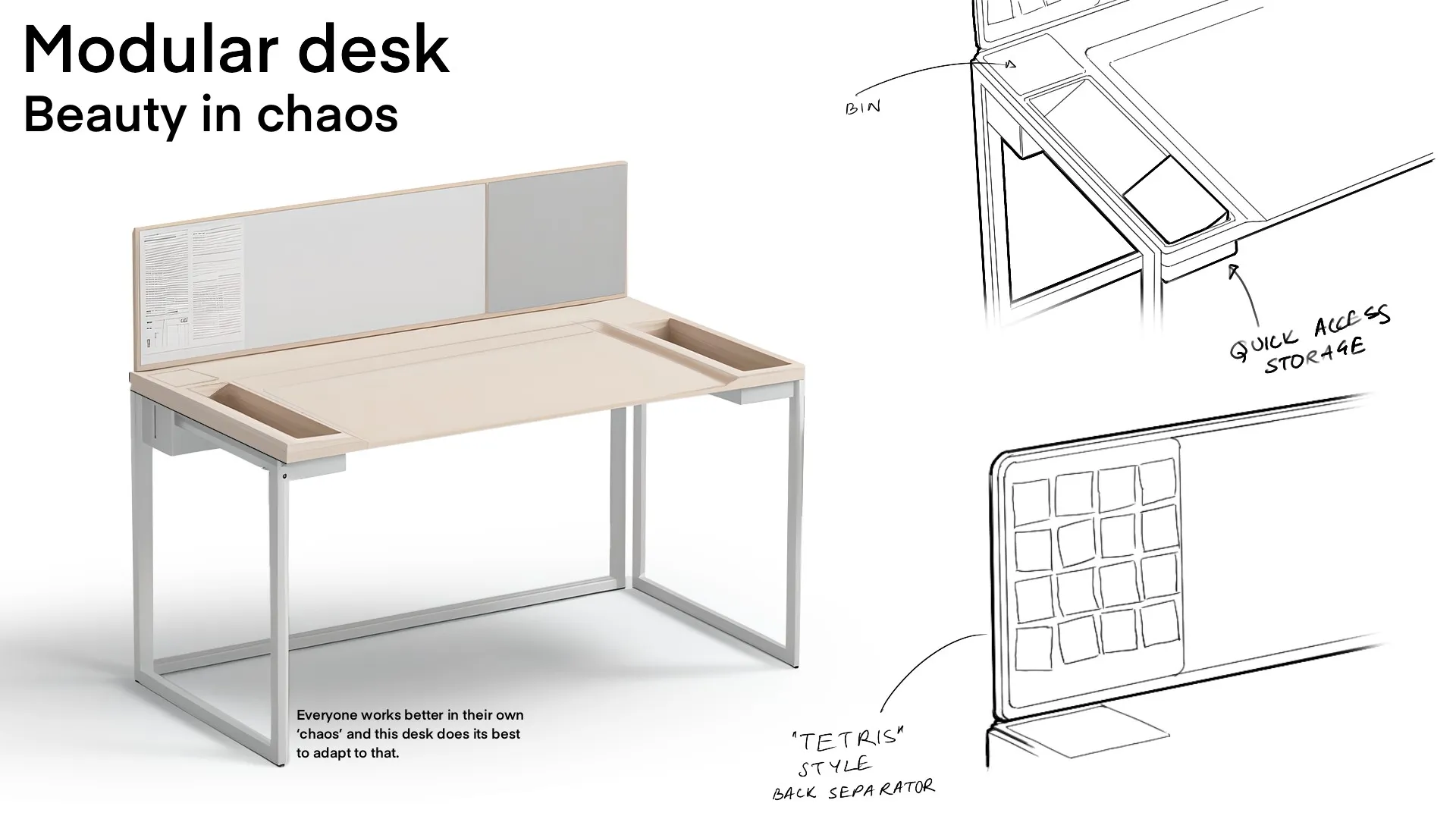 Concept board, modular desk: beauty in chaos, with quick access storage and Tetris-style back separator
