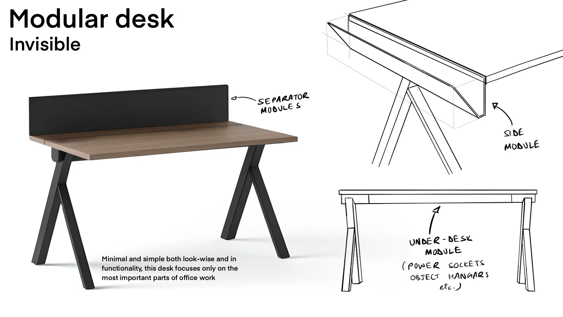 Concept board, modular desk: invisible, metal exoskeleton and wood veneer desktop with modular separators