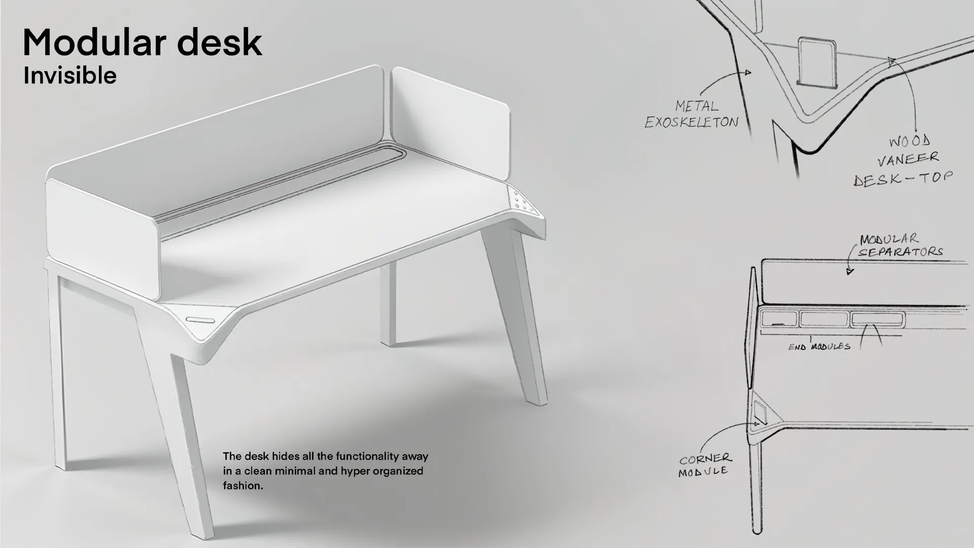 Concept board, modular desk: invisible, separator modules with side and under-desk modules