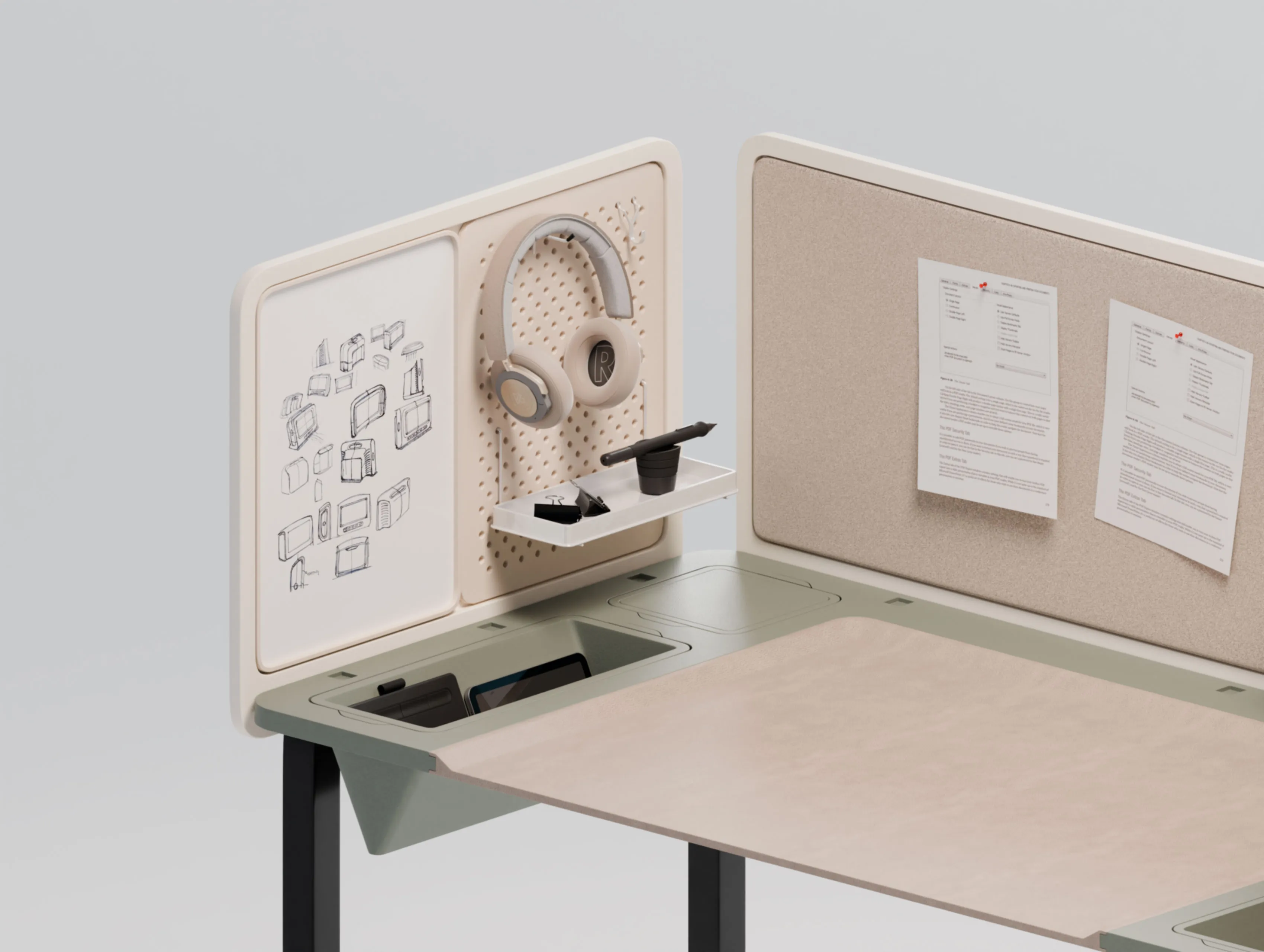 Creative desk close-up, whiteboard and pegboard modules