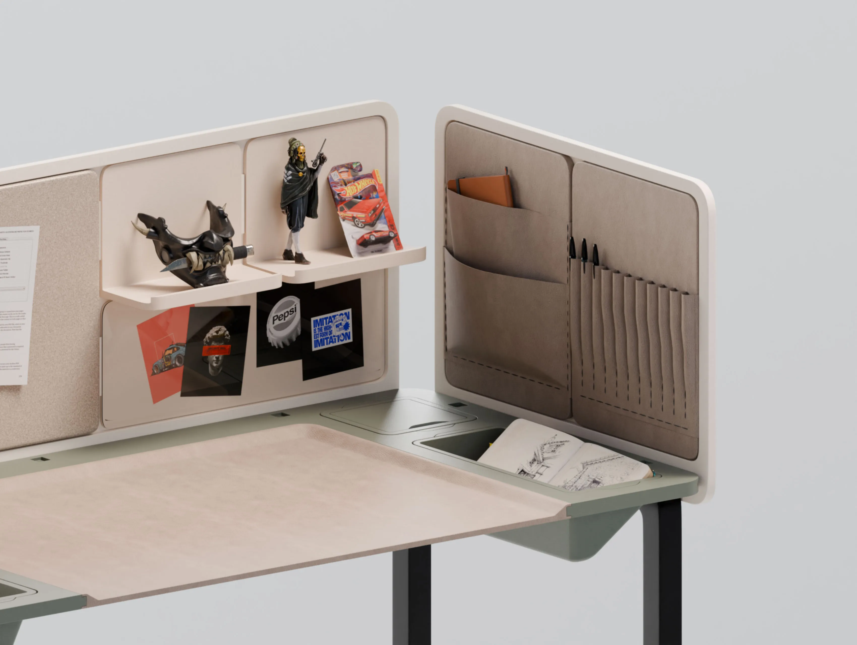 Creative desk close-up, figurine shelf and inspiration board