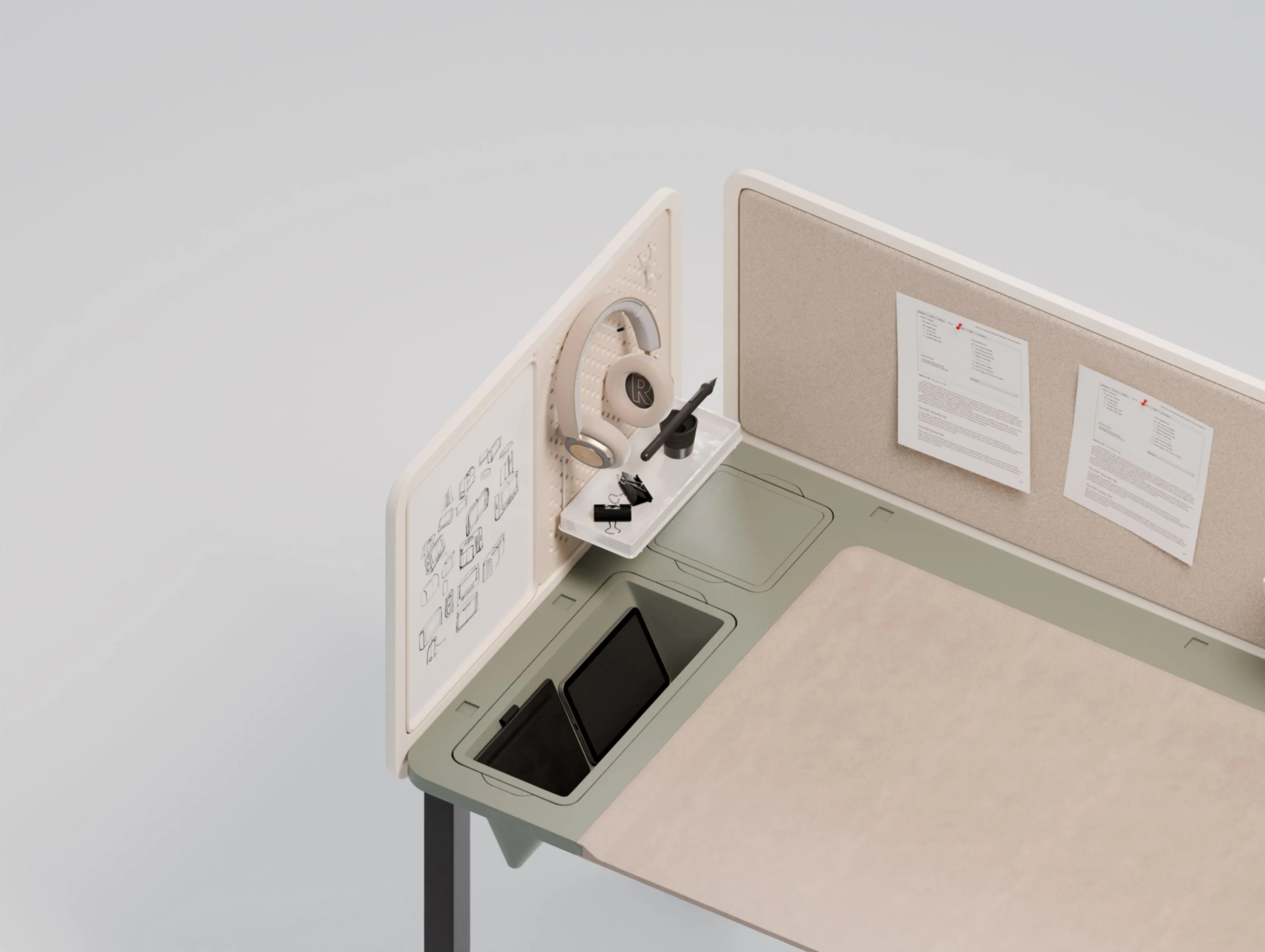 Creative desk, left panel with pegboard, headphones and tablet tray