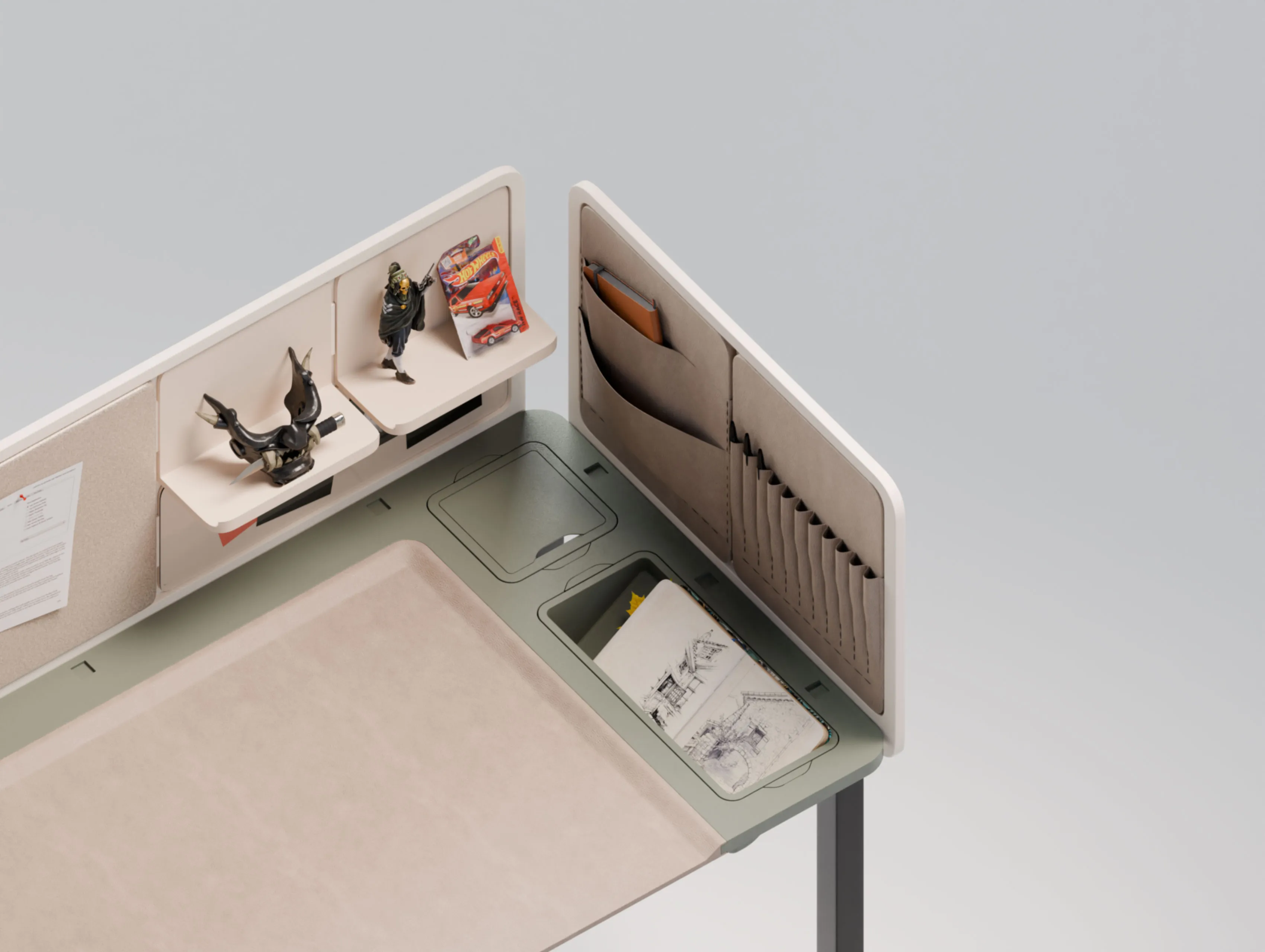Creative desk, right panel with display shelves and sketchbook tray