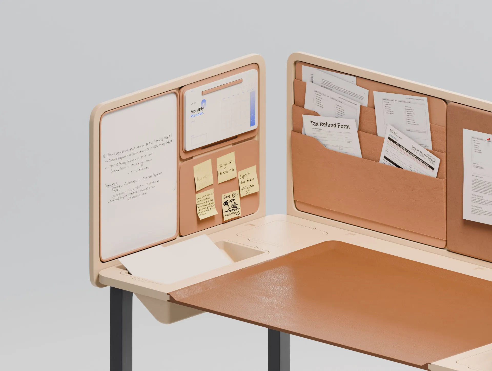 Fiscal desk close-up, whiteboard, planner and sticky notes