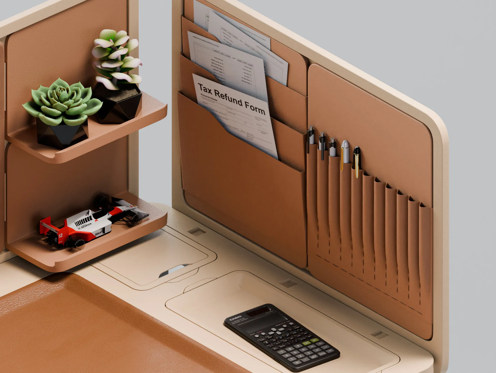 Fiscal desk, document sleeves and pen pockets on the right panel