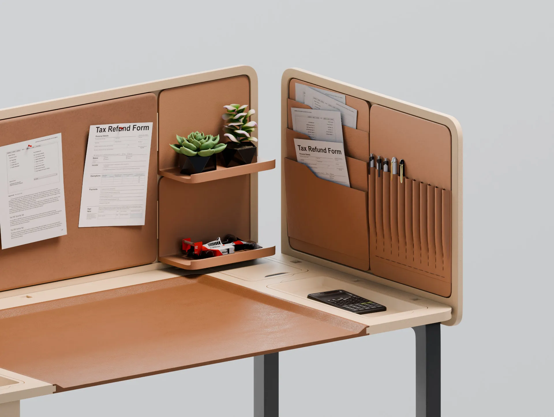 Fiscal desk close-up, filing sleeves and calculator tray
