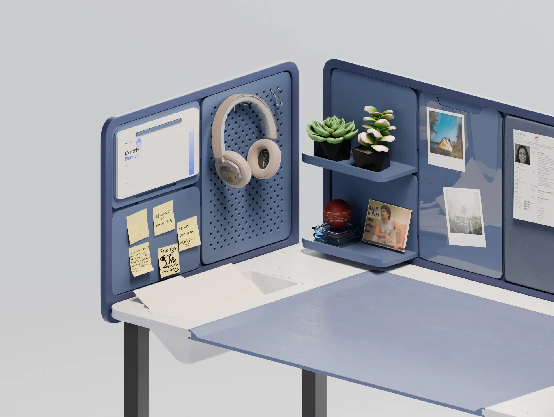 Managerial desk close-up, planner, pegboard and personalisation shelf