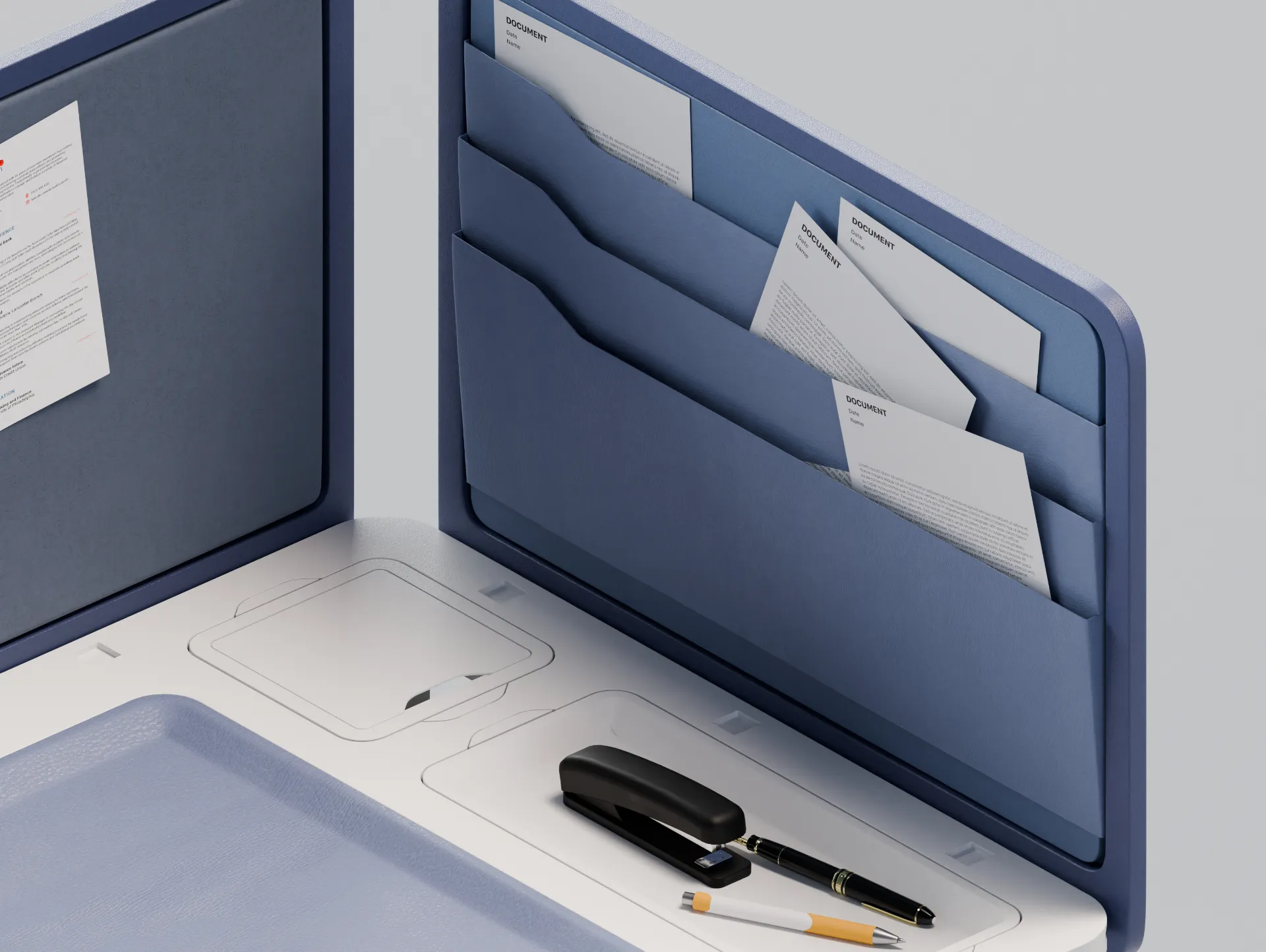 Managerial desk, document sleeves and stationery tray on the right panel