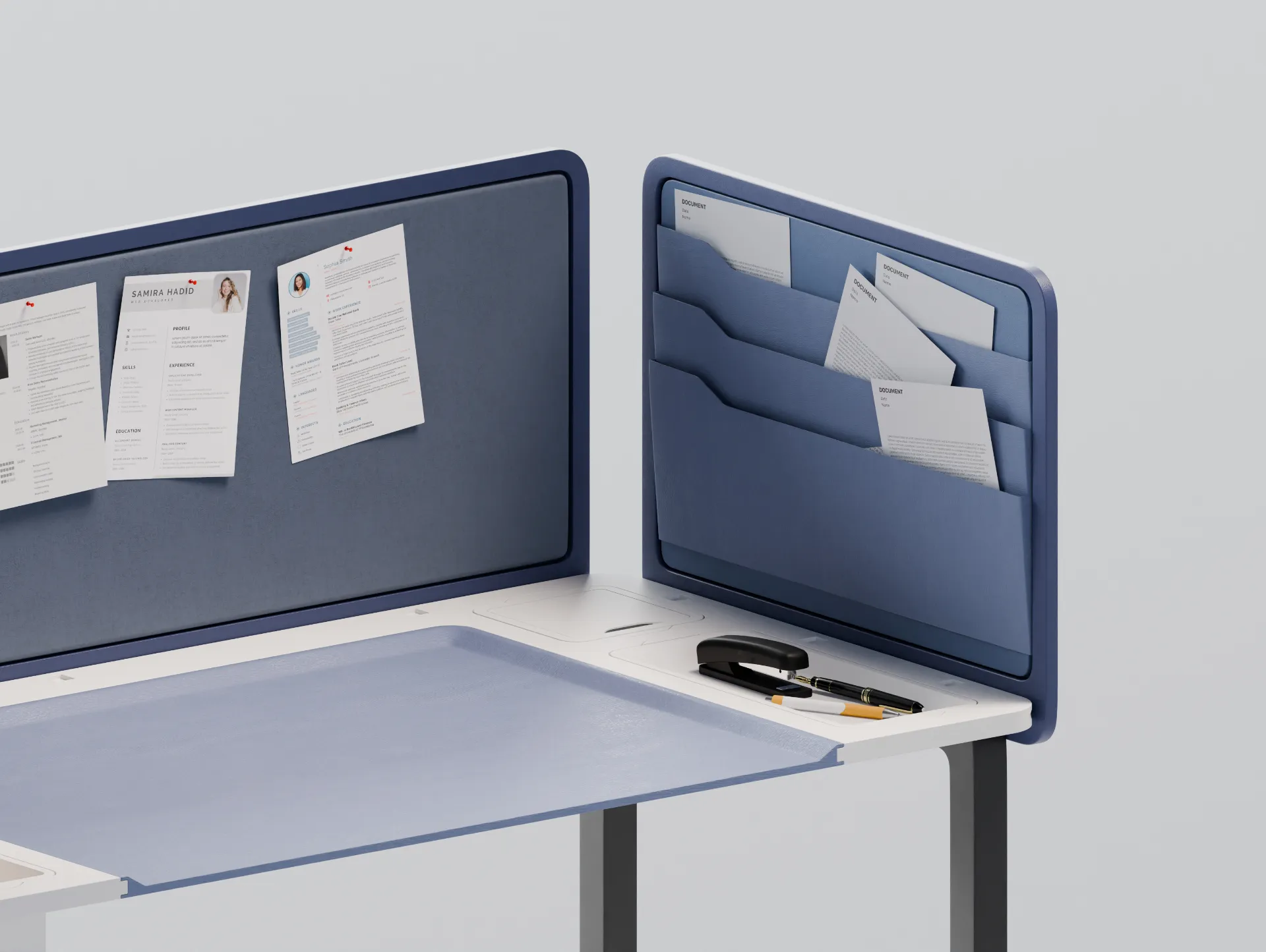 Managerial desk close-up, noticeboard and filing sleeves