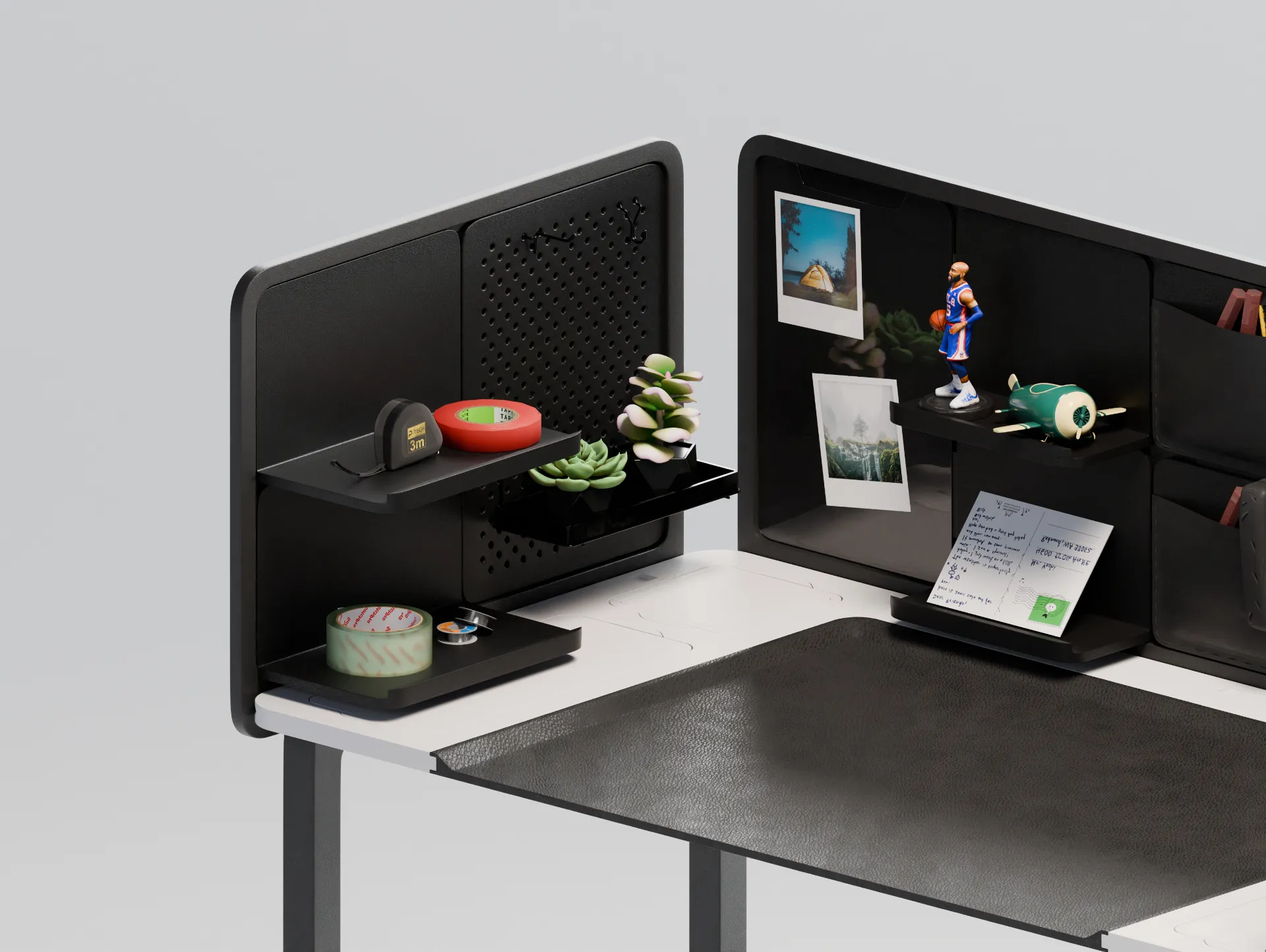 Technical desk close-up, pegboard, tool shelves and personalisation