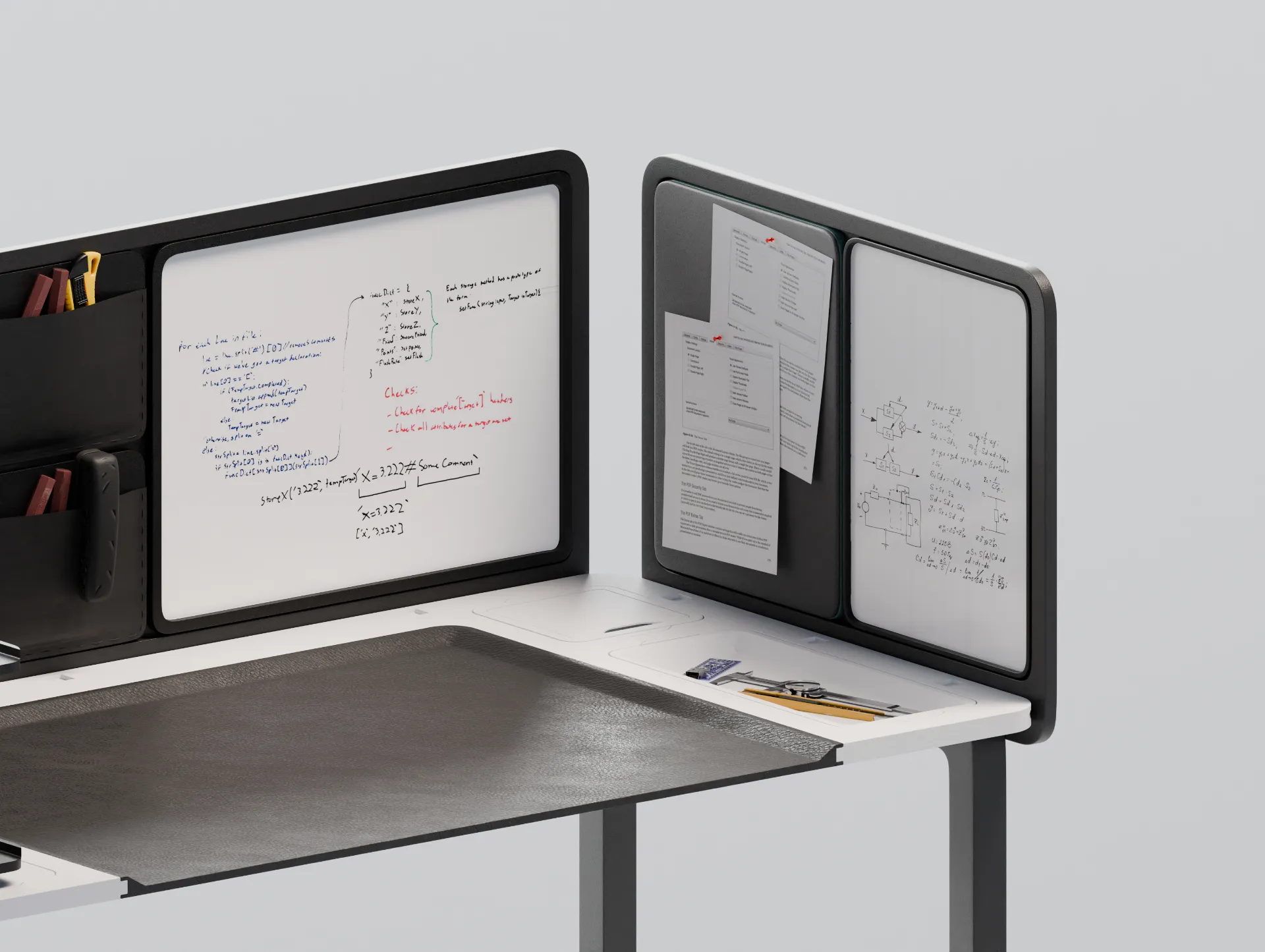 Technical desk close-up, working whiteboards and reference sheets