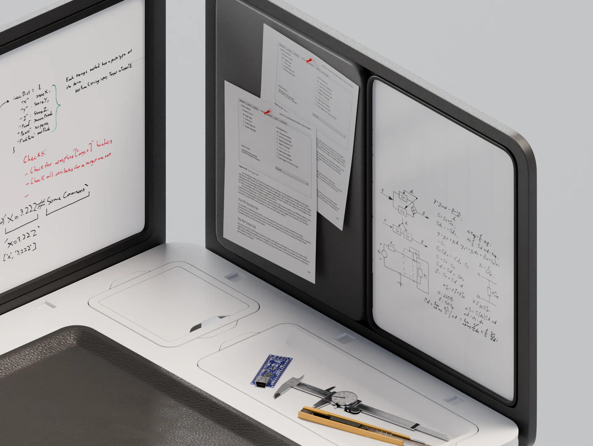 Technical desk, whiteboards and instrument tray on the right panel