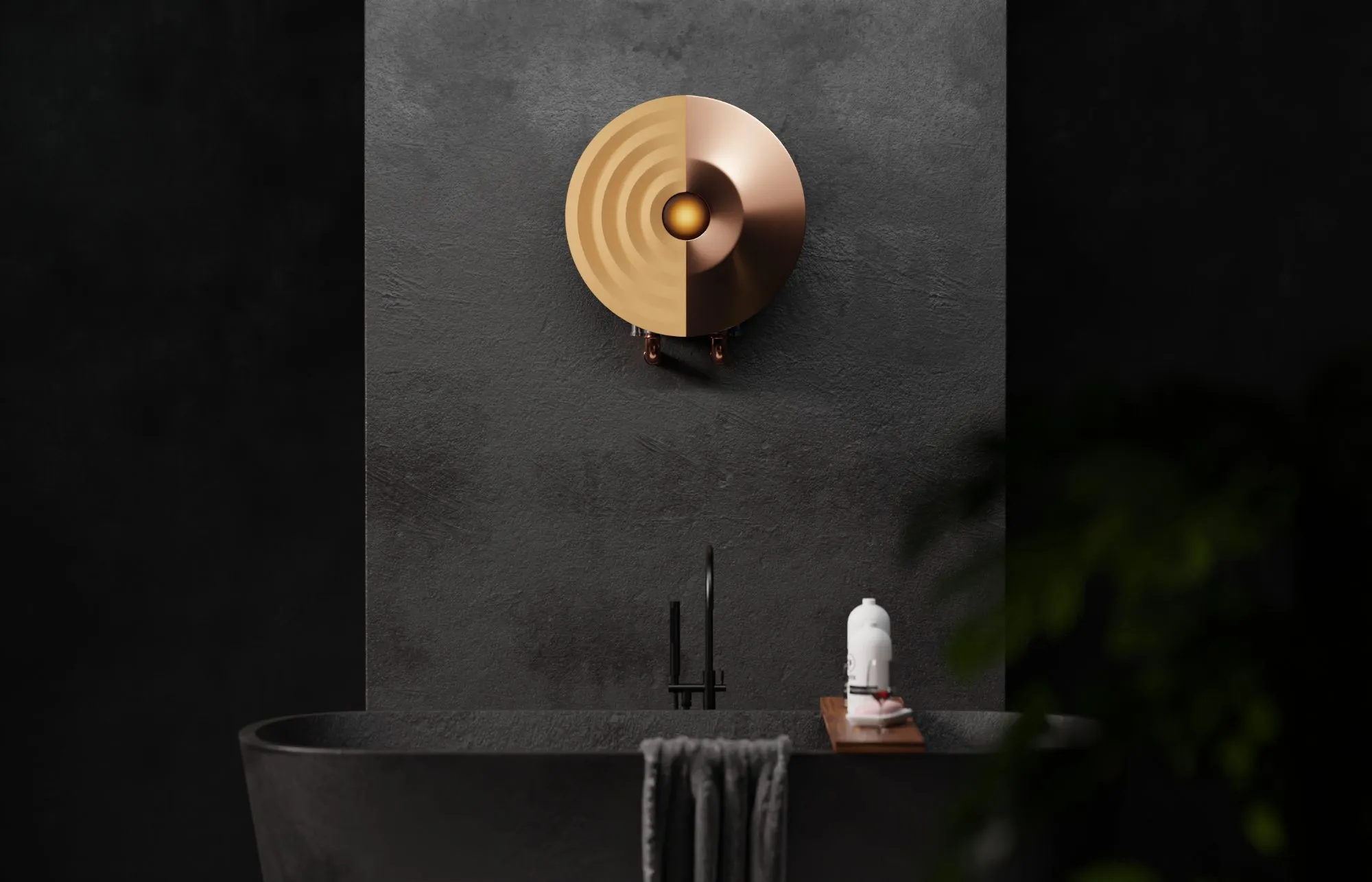 The bathroom heater above a freestanding tub