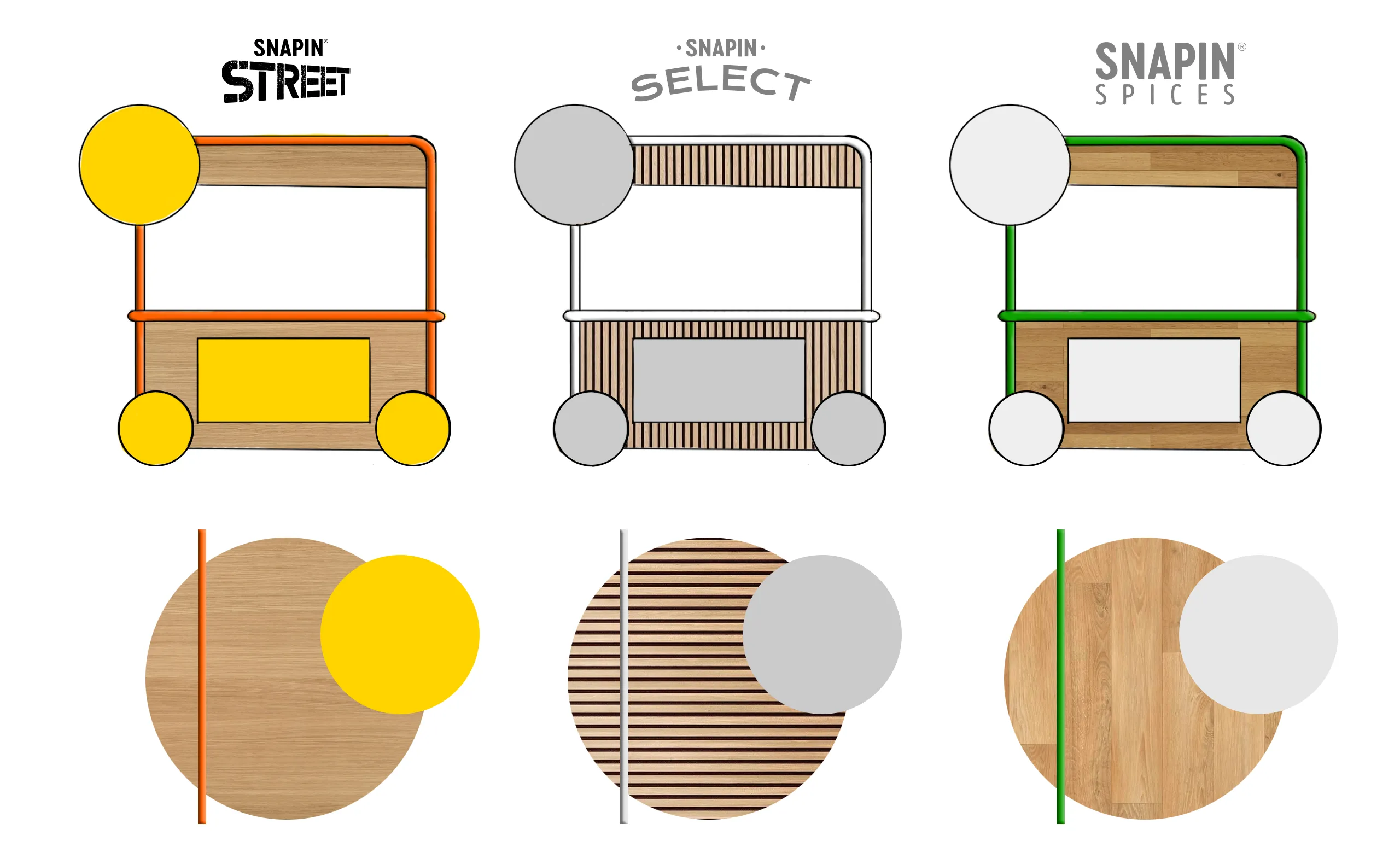 Colour and material studies across Street, Select and Spices