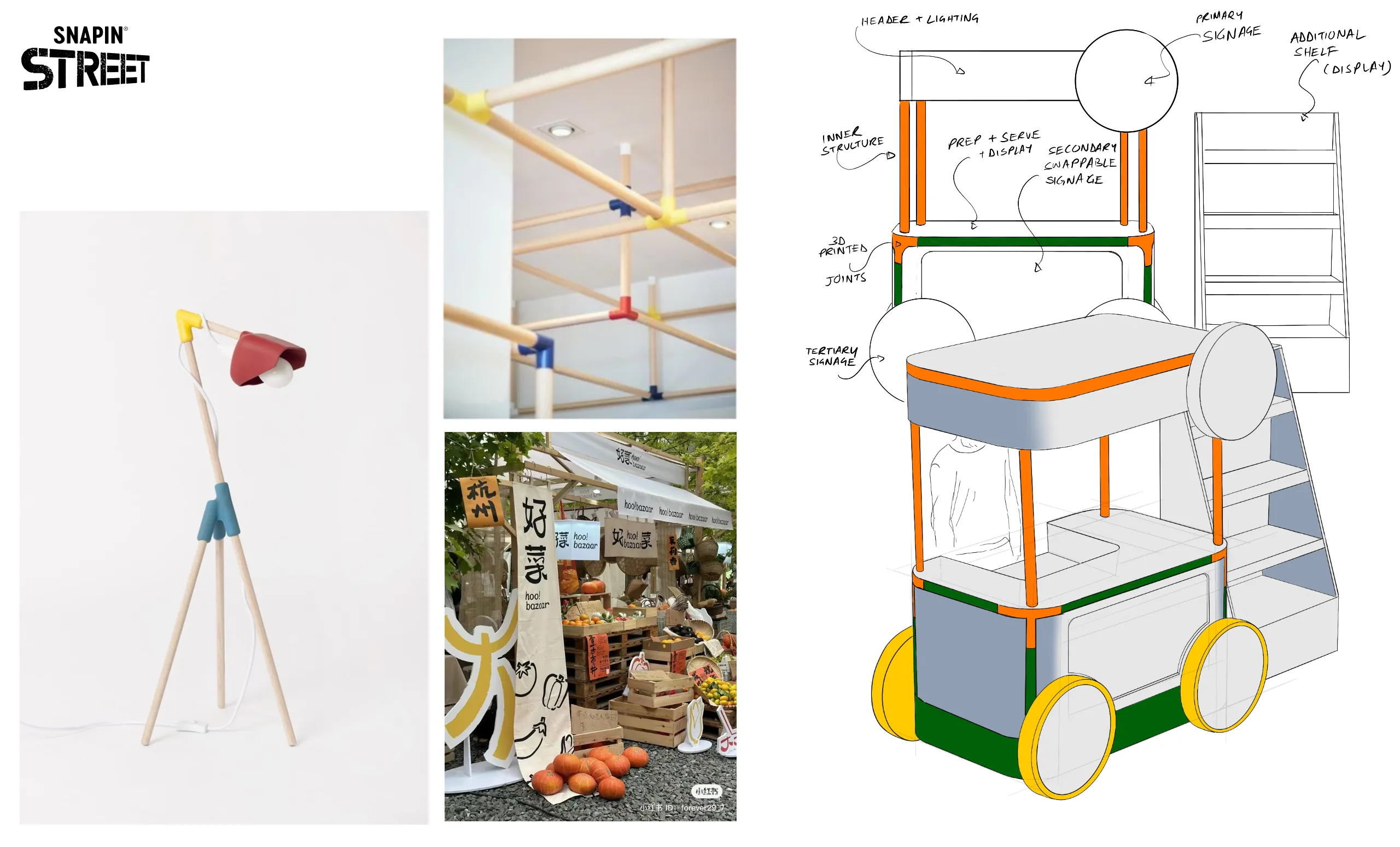 Concept board, modular joint references and annotated cart with swappable signage