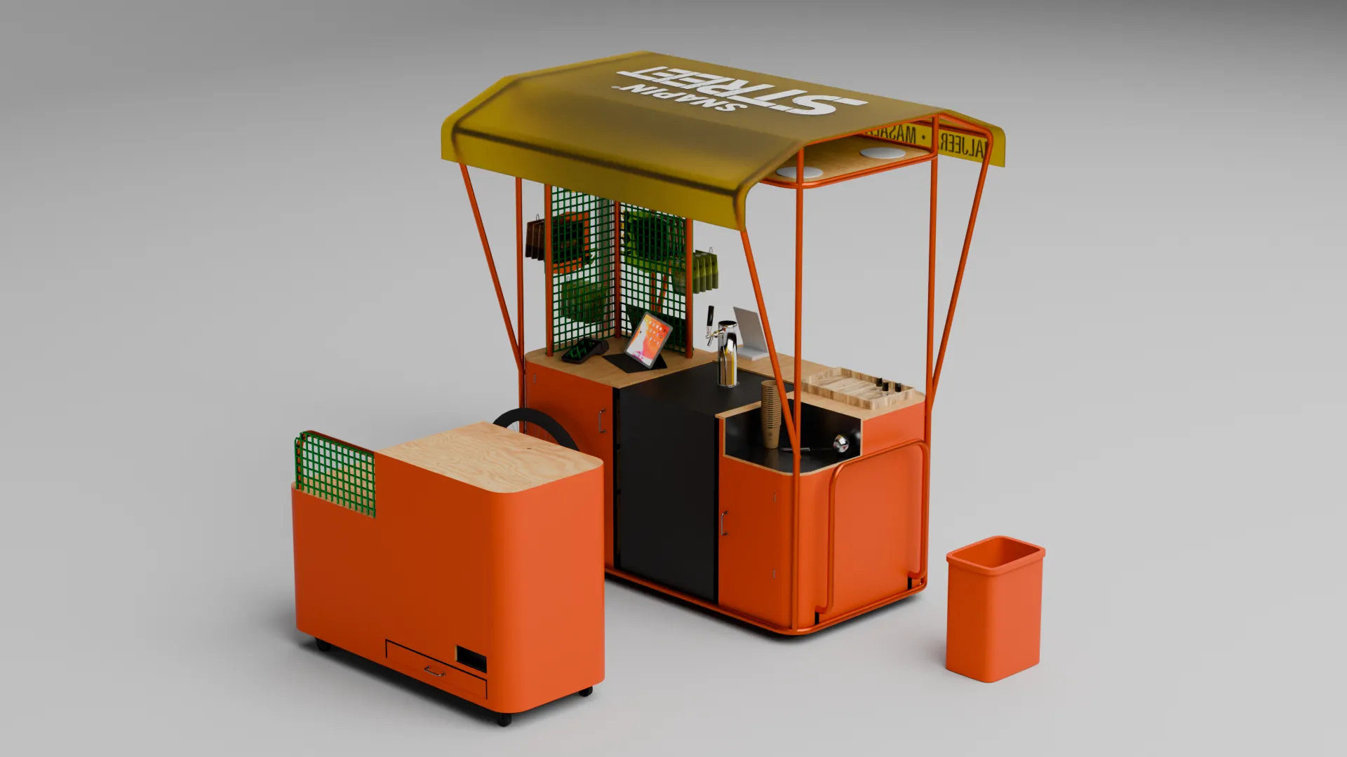 Final Snapin Street cart render, operator side with iceboy enclosure and bin
