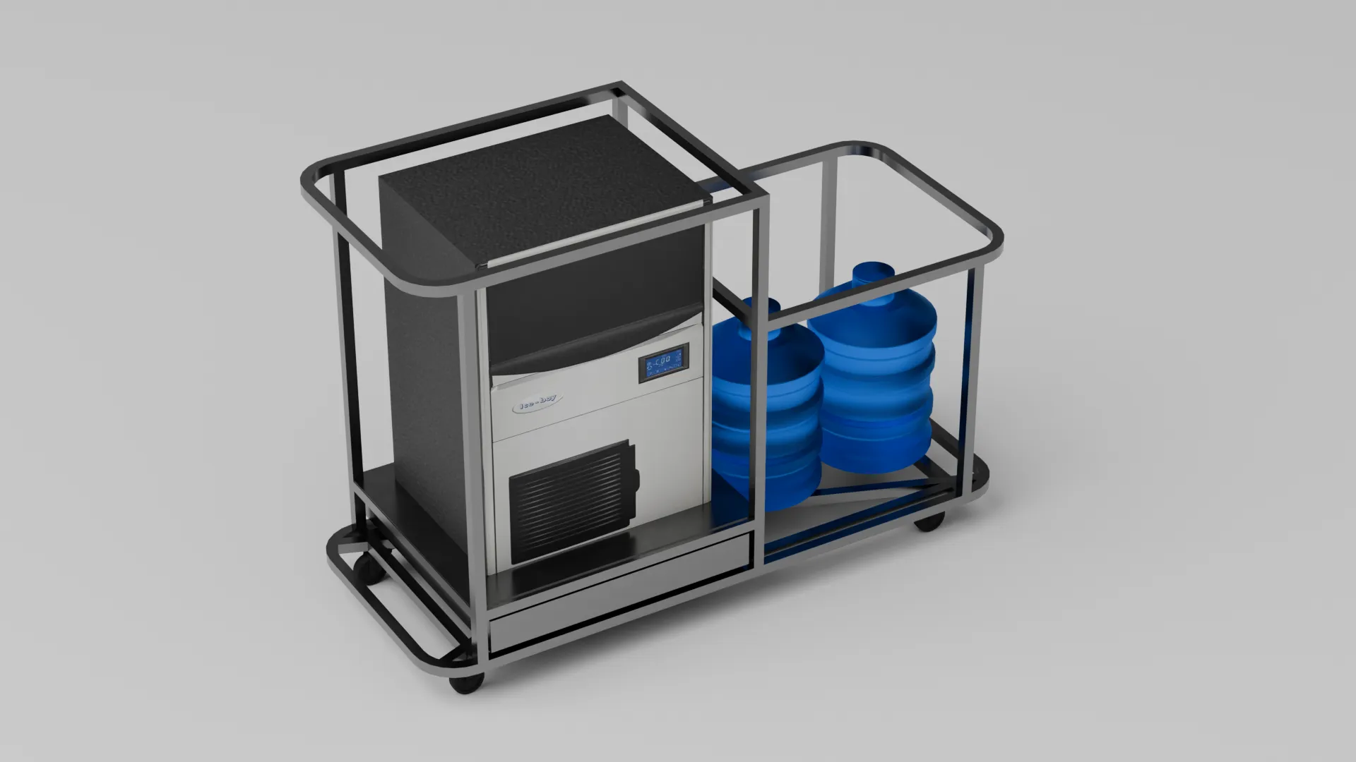 Ice machine and water bottles located in the frame