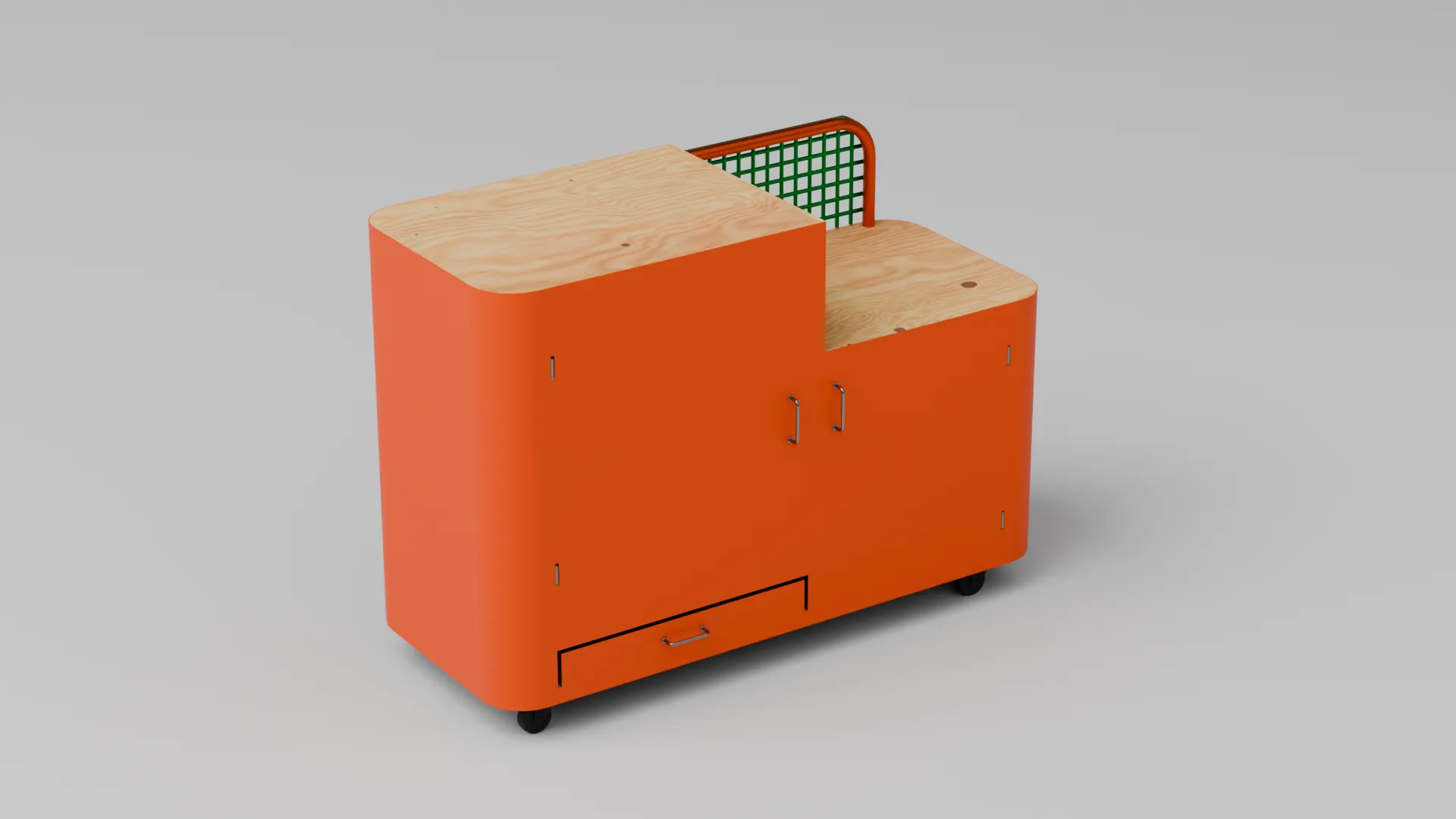 Finished iceboy enclosure, closed, front three-quarter