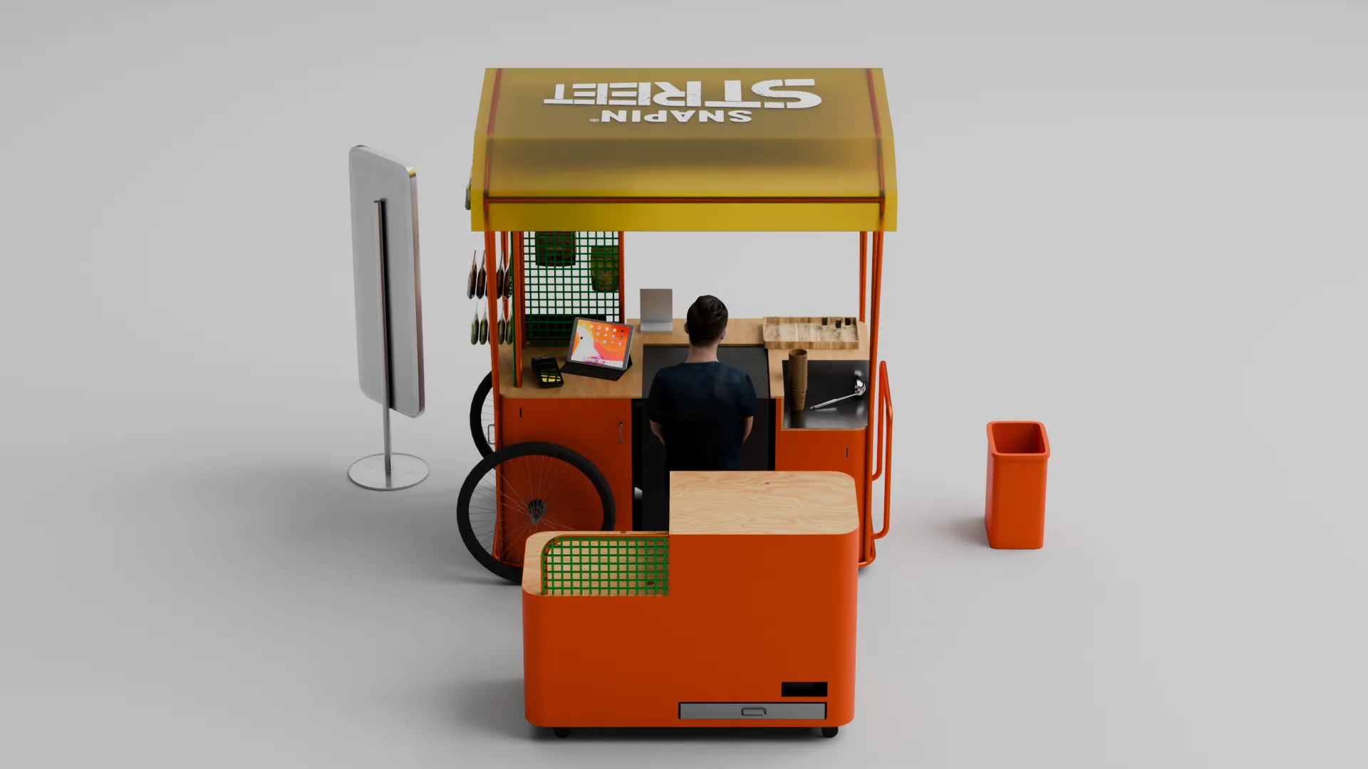 Cart from the customer side with attendant working the counter