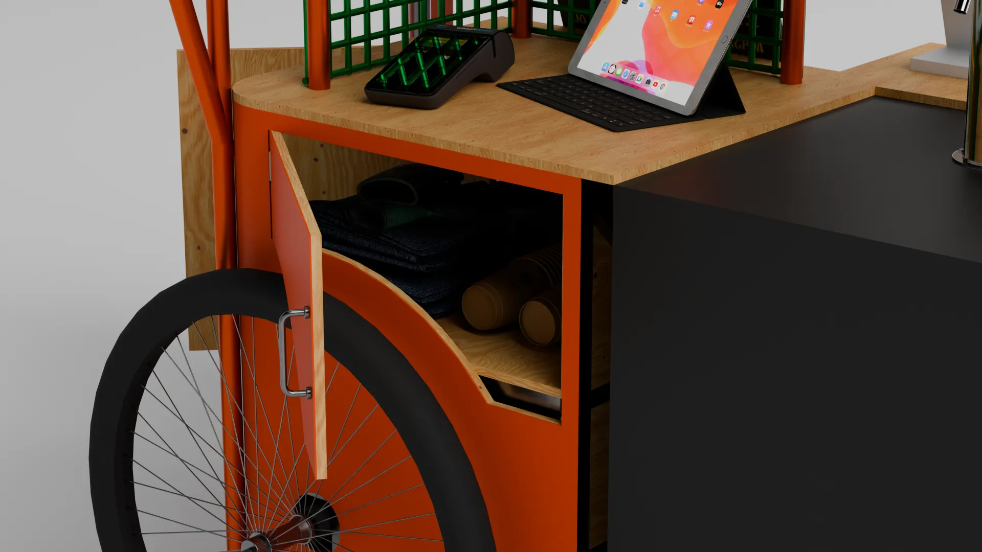 Counter with card terminal, tablet and cup storage below