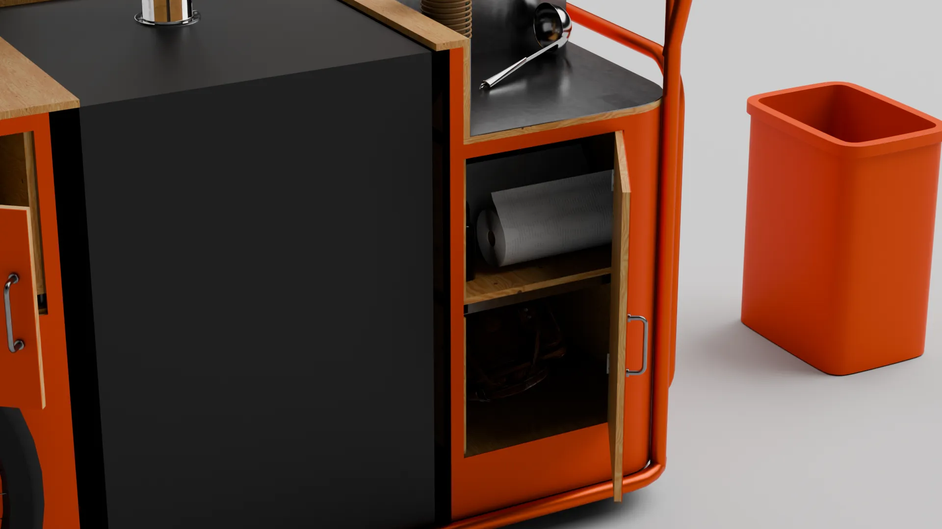 Chilled enclosure door open with the bin alongside