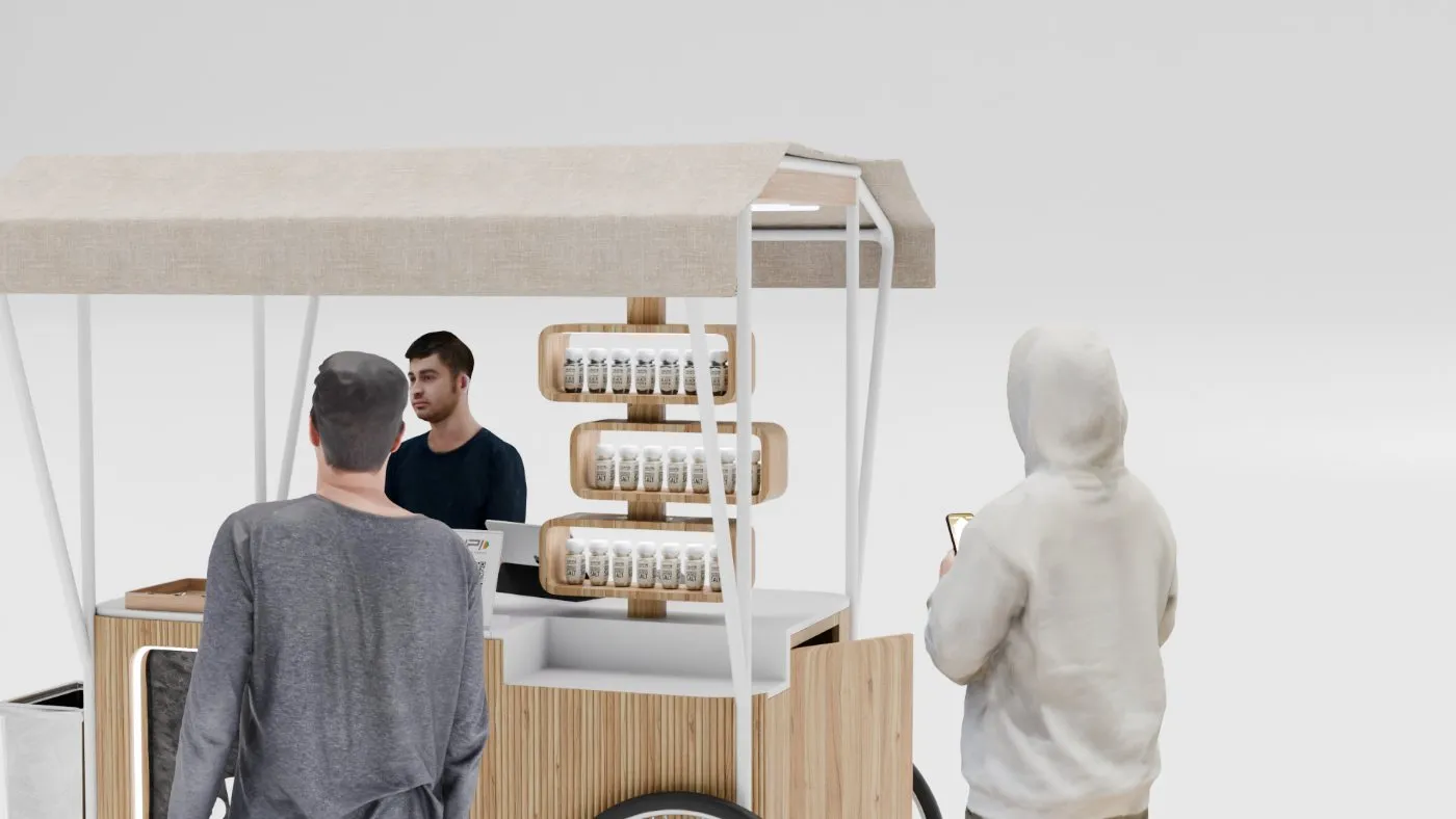 Select direction, front view with shoppers at the counter